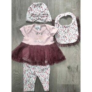 NICOLE MILLER FOUR (4) Piece Set |  Baby Girl SZ 0/3 MOS | Dress Hat Bib Pants